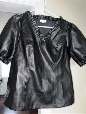 LOVELO Faux Leather Puff Sleeve V-Neck Top - Black